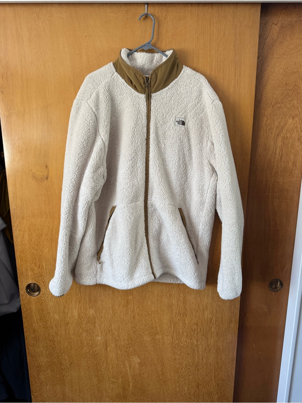 The North Face Cream Sherpa Fleece Jacket with Olive Trim
